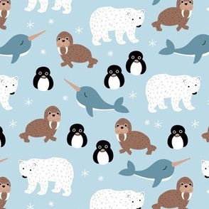 Cute arctic animals - polar bears narwhals penguins and walrus friends scandinavian style kids design boys palette on blue 