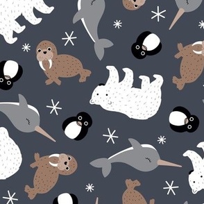 Tossed winter Animals - Penguins Narwhal  seal seagull and walrus sea life kawaii kids design boys neutral brown gray charcoal