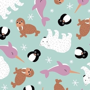 Tossed winter Animals - Penguins Narwhal  seal seagull and walrus sea life kawaii kids design girls pink blue