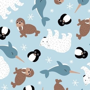 Tossed winter Animals - Penguins Narwhal  seal seagull and walrus sea life kawaii kids design boys neutral blue