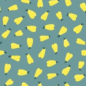 S Pears and Leaves  on Green-gray Background 0043 C  Pear Leaf Yellow and Green Accents hand drawn illustration doodling doodle green gray pastel gray-green