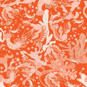 Crustacean Core Coastal Dance // Lobsters, Corals, Kelp and Crabs // Monochrome Salmon Red on Orange Tangerine // Medium