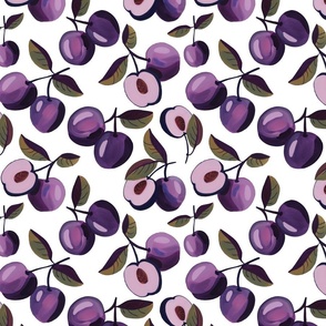 Small Vintage Abstract Sweet Kitchen Fruits - Purple Plums  On White