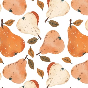 Large Vintage Abstract Sweet Kitchen Fruits - Cute Orange Pears  On White