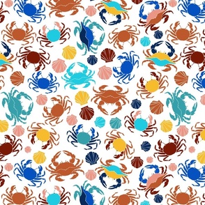 Vibrant Coastal Palette Colorful Crabs and Seashells on White Background