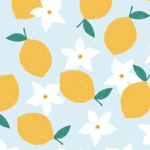 Lemon Floral on Blue Spring Summer Fruit