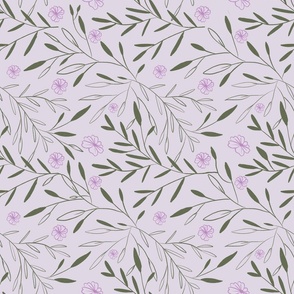 Serene Botanica, Tranquil Flora, Blossoms light grey and purple and sage green leaves