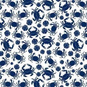 Navy Blue Crabs and Seashells on White Background