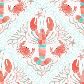 (M) Whimsy Boho Lobsters and Crabs Crustacean Core Summer Lattice Tile • PINK CORAL and AQUA BLUE