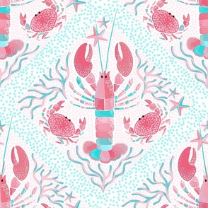 (M) Whimsy Boho Lobsters and Crabs Crustacean Core Summer Lattice Tile • PINK and BLUE pastels