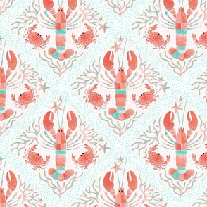 (S) Whimsy Boho Lobsters and Crabs Crustacean Core Summer Lattice Tile • PINK CORAL and AQUA BLUE
