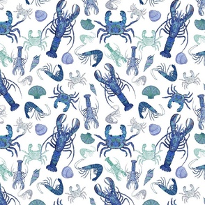 Crustacean Celebration   - Lobsters, shrimp, crabs and shells in blue, green, teal