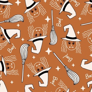 Cute Halloween Witch tossed in off-white on burnt orange for quilting and kids - Large Scale