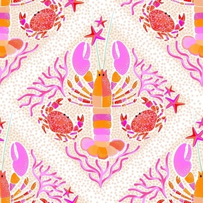 (M) Whimsy Boho Lobsters and Crabs Crustacean Core Summer Lattice Tile • Sunny Pink