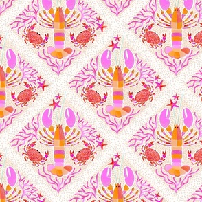(S) Whimsy Boho Lobsters and Crabs Crustacean Core Summer Lattice Tile • Sunny Pink