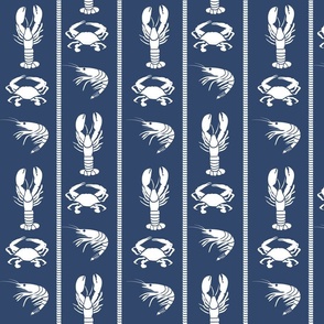 Marine Ocean Shellfish Lobster, Crab, Shrimp White on Navy Small Scale