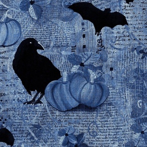 Large24” repeat mixed media vintage handwriting, book paper and hand drawn lace with crows, bats, pumpkins and flowers with faux burlap woven texture on Serenity, denim and cornflower blue