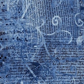Large24” repeat mixed media vintage handwriting, book paper and hand drawn lace faux burlap woven texture in Serenity, cornflower and denim blue hues