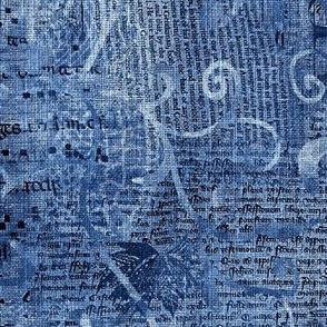 Large 18” repeat mixed media vintage handwriting, book paper and hand drawn lace faux burlap woven texture in Serenity, cornflower and denim blue hues