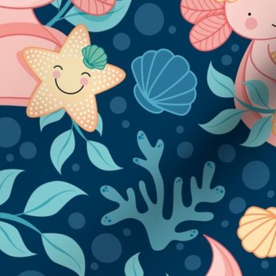 Underwater Axolotls with Starfish, Shells, Algae and Bubbles (blue)
