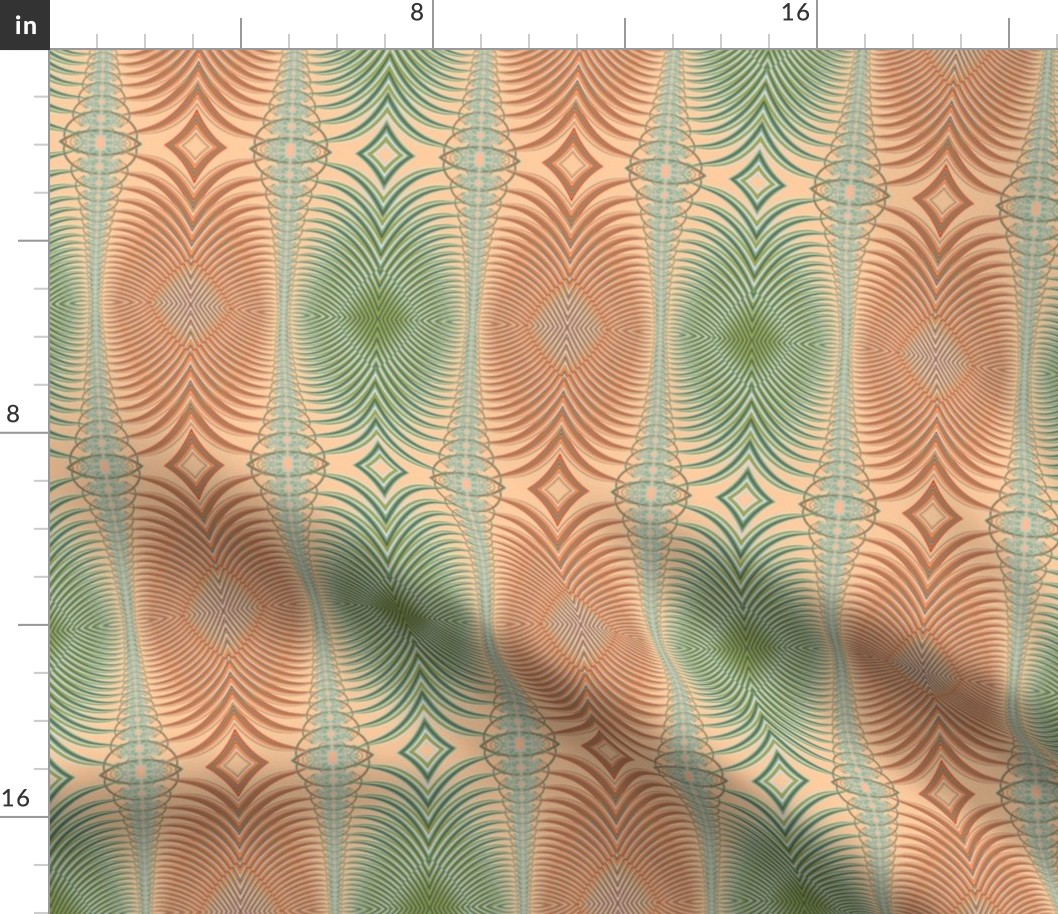 Psychedelic 1960s style Op Art Feathers in Peach and Sage Greens