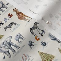 SMALL Merry Christmas Zoo Animal Holiday Toile de Jouy on cream with Elephants, Giraffes, Monkeys, Zebras, + Chimps