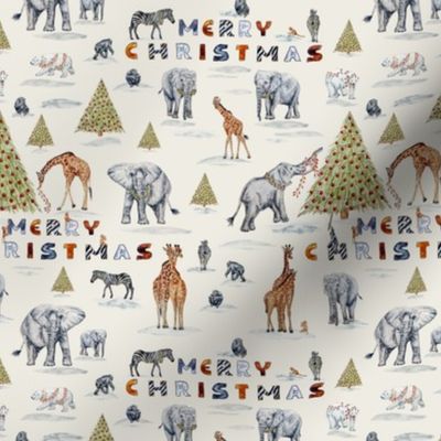 SMALL Merry Christmas Zoo Animal Holiday Toile de Jouy on cream with Elephants, Giraffes, Monkeys, Zebras, + Chimps