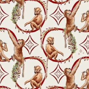 MEDIUM Christmas Monkey Wreaths Playful Polka Dot - Holiday Circus / Zoo Baby Baboons playing on warm neutral cream