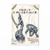 Funny Christmas Zoo Chimpanzee Apes with Merry Christmas lettering wall hanging, tea towel + quilting fabric panel