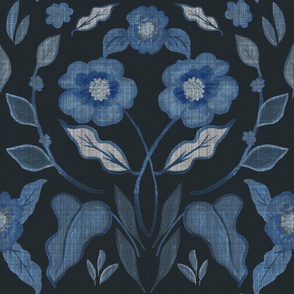 Dark Midnight Blue Painted Floral - Art Nouveau - Large