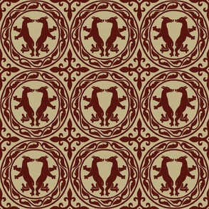 Byzantine critters in roundels, maroon on darker flax