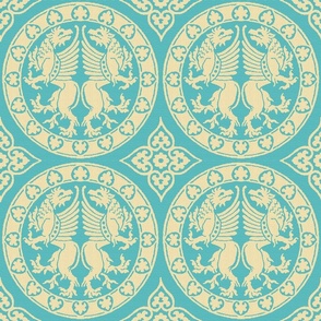 Griffins in Roundels, pale gold on turquoise