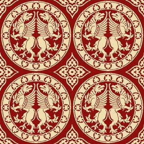 Griffins in Roundels, pale gold on dark red