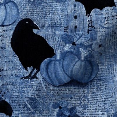 Medium 12” repeat mixed media vintage handwriting, book paper and hand drawn lace with crows, bats, pumpkins and flowers with faux burlap woven texture on Serenity, denim and cornflower blue