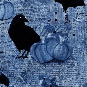 Medium 12” repeat mixed media vintage handwriting, book paper and hand drawn lace with crows, bats, pumpkins and flowers with faux burlap woven texture on Serenity, denim and cornflower blue