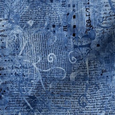 Medium 12” repeat mixed media vintage handwriting, book paper and hand drawn lace faux burlap woven texture in Serenity, cornflower and denim blue hues