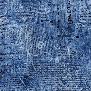 Medium 12” repeat mixed media vintage handwriting, book paper and hand drawn lace faux burlap woven texture in Serenity, cornflower and denim blue hues