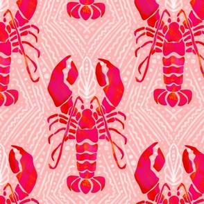 Watercolor Lobster hot pink red orange on light pink background Crustacean core | large