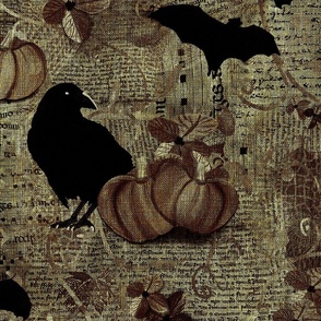 Large24” repeat mixed media vintage handwriting, book paper and hand drawn lace with crows, bats, pumpkins and flowers with faux burlap woven texture on grungy greens, sage and brown
