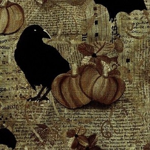 Medium 12” repeat mixed media vintage handwriting, book paper and hand drawn lace with crows, bats, pumpkins and flowers with faux burlap woven texture on grungy greens, sage and brown