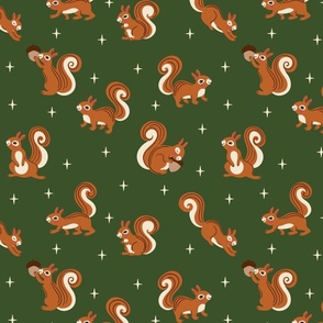 (M) Cute Squirrels on dark green natural Christmas 