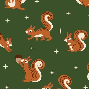 (L) Cute Squirrels on dark green natural Christmas 