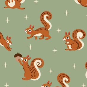 (L) Cute Squirrels on green natural Christmas 