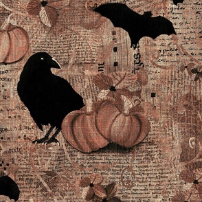 Large 24” repeat mixed media vintage handwriting, book paper and hand drawn lace with crows, bats, pumpkins and flowers with faux burlap woven texture on Peachy, beige, grungy brown