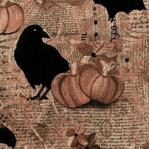 Medium 12” repeat mixed media vintage handwriting, book paper and hand drawn lace with crows, bats, pumpkins and flowers with faux burlap woven texture on Peachy, beige, grungy brown