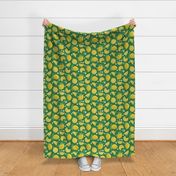 Summer Lemons Forest Green Small - hand-drawn, botanical, flowers, fruit, yellow, bright colors, cute, fun, bedding, wallpaper, clothing, kitchen decor, table cloths, girls, feature wall, statement wall, home decor, garden designs