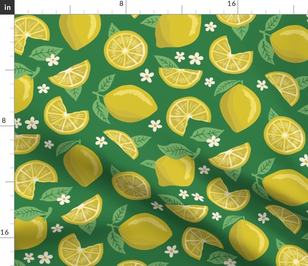Summer Lemons Forest Green Small - hand-drawn, botanical, flowers, fruit, yellow, bright colors, cute, fun, bedding, wallpaper, clothing, kitchen decor, table cloths, girls, feature wall, statement wall, home decor, garden designs