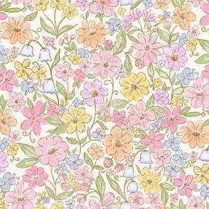 Spring Chintz Pastel Floral, Watercolor Ditsy, Flowers, Off White  Summer Floral PF158f