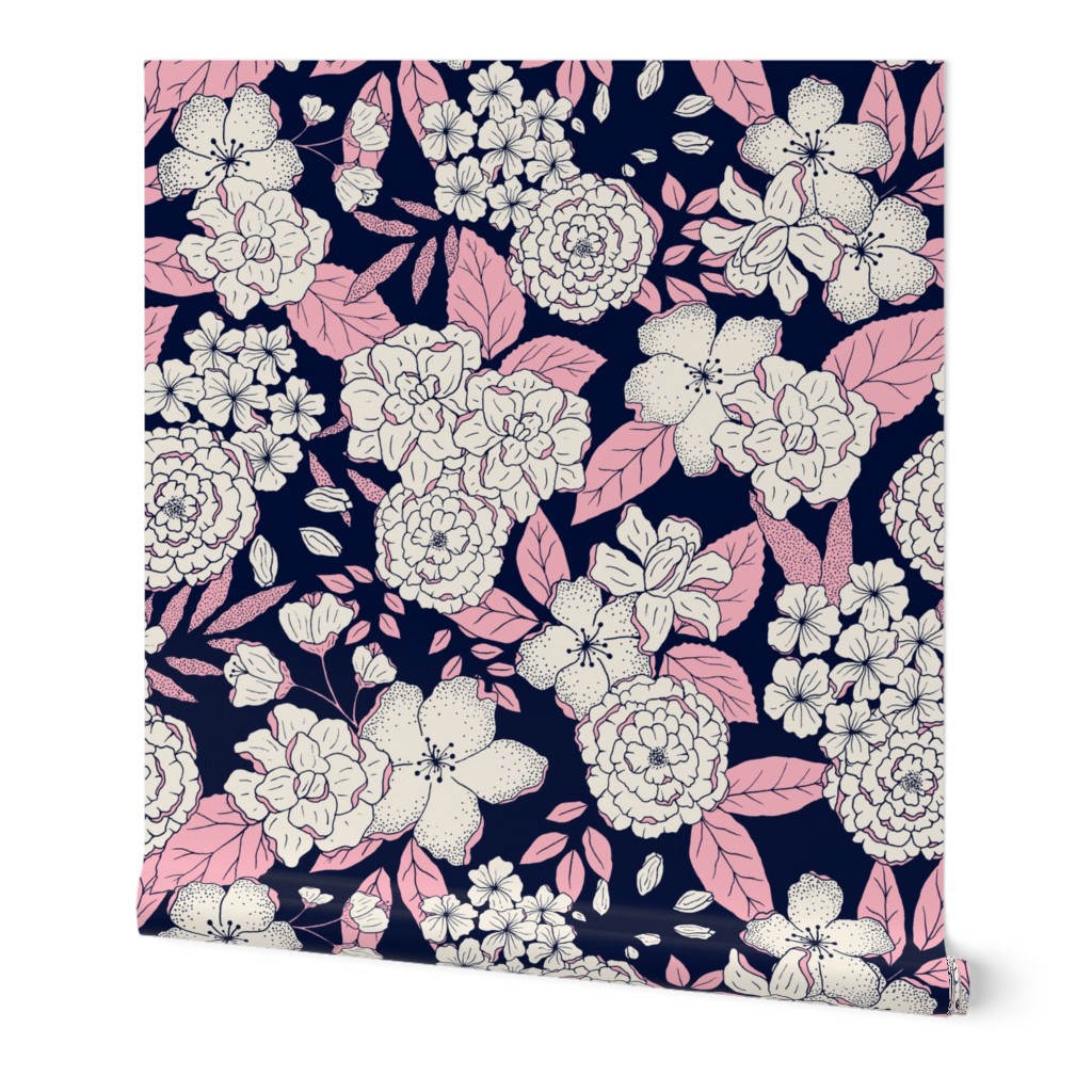 Vintage stylish flowers in blue, white and pink - Large scale