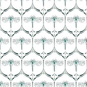 Vintage Glamour Art Nouveau - Dragonflies, Drops, Dots - Green on White BG